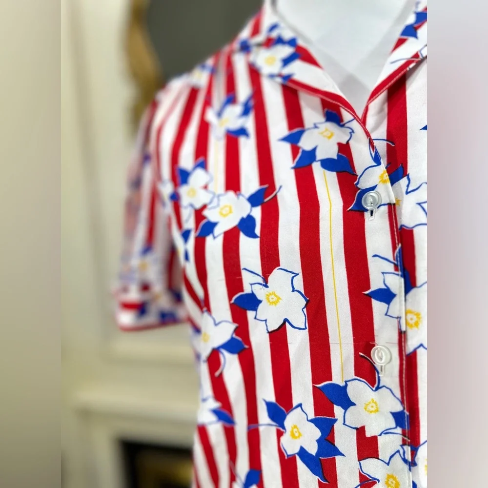 Vintage Silkhana Red White Striped Floral Button-Up Shirt | 80s 90s Blouse M - Picture 2 of 10